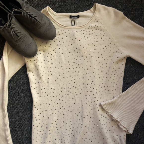 NEW- Vila Milano Cream Studded Sweater Flare Arms - Picture 4 of 12